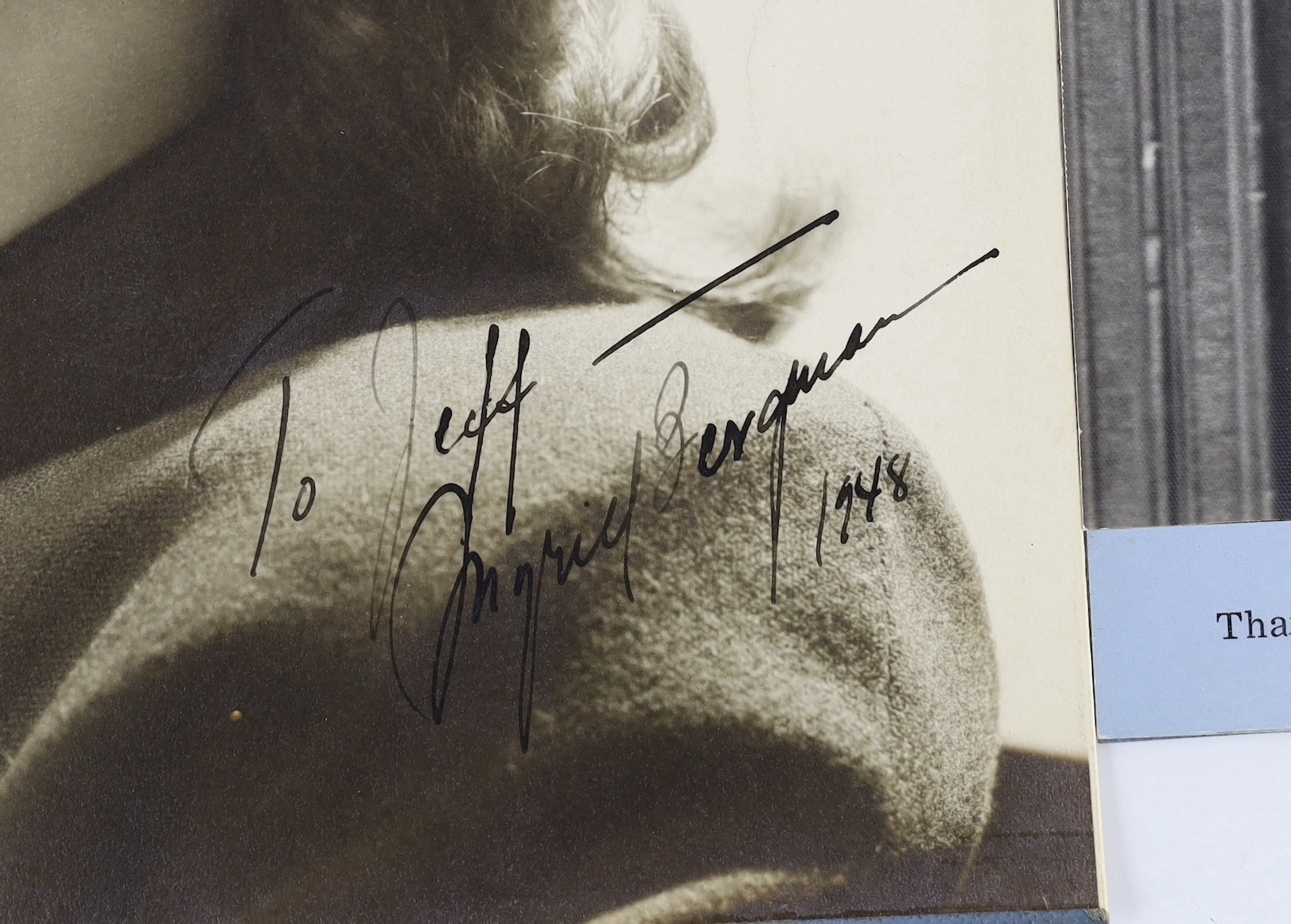 Ingrid Bergman (1915-1982) - a signed black and white photograph, inscribed, ‘’To Jeff, Ingrid Bergman, 1948’’, [“Jeff’’ being Lionel Jeffries] 23.5 x 18.5cms; and a further image of Ingrid Bergman and Lionel Jeffries, t